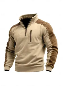 Men's half-zip stand collar sweatshirt featuring stylish suede contrast shoulder panels