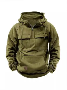 Men Utility Hooded Sweatshirt Solid Color Half-Zip Pullover Multi-Pocket Cotton Blend Top Outdoor Casual Cargo Hoodie