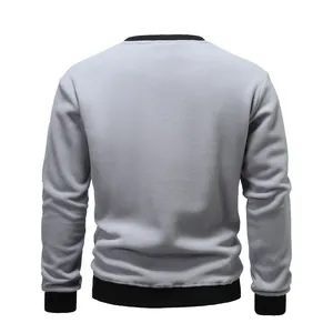 Back view of a grey crew neck fleece sweatshirt with black ribbed cuffs and hem.