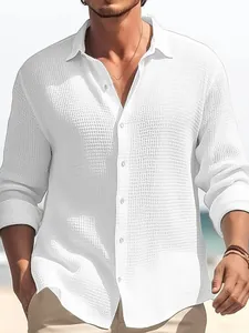 Men's casual white long sleeve shirt with waffle knit texture and classic lapel