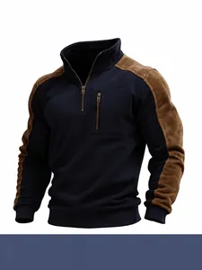Professional men's navy blue quarter-zip sweatshirt featuring brown suede panels and chest pocket