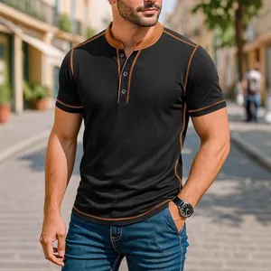 Casual men's black short-sleeve Henley shirt with contrast brown stitching