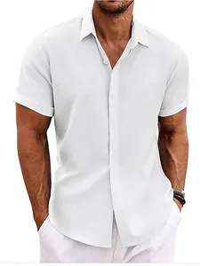 Chemise décontractée en lin blanc pour hommes, manches courtes, col à revers et boutons