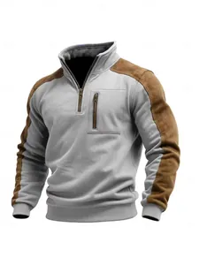 Men's casual half-zip stand collar sweatshirt with brown contrast faux suede sleeves