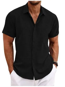 Chemise d'été classique en lin à manches courtes pour hommes avec col à revers noir