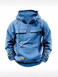 Casual men's blue workwear hooded sweatshirt with chest pockets and half-zip design