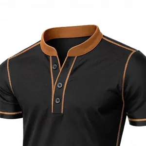 Men's short sleeve Henley shirt with brown contrast trim and button placket detail