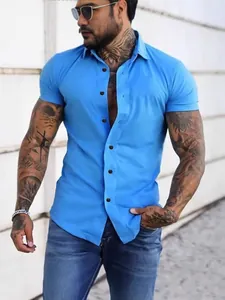 Trendy bright blue men's short sleeve button down shirt with a modern slim fit design
