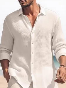 Men's casual long sleeve waffle knit shirt with lapel collar in cream white