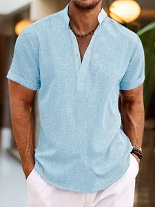 Chemise d'été décontractée en lin bleu clair pour homme avec col montant et boutons