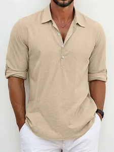 Casual men's beige linen Henley shirt with rolled-up long sleeves and half-button placket