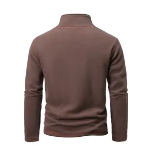 Back view of brown men's tactical fleece sweatshirt with warm stand collar detail