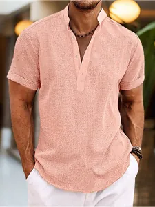 Chemise Décontractée en Mélange de Lin pour Hommes Manches Courtes Col Montant Couleur Unie Respirant Top Henley pour Vacances Été