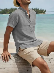 Casual men's vintage grey linen beach shirt with short sleeves and white buttons