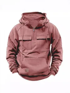 Premium men's solid color tactical workwear hoodie with half-zip and multi-pockets