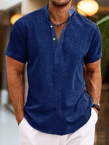 Chemise décontractée en lin bleu à manches courtes pour hommes avec col officier henley