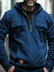 Ανδρικό Φούτερ με Κουκούλα American Retro Workwear Μονόχρωμο Πολλαπλές Τσέπες Φούτερ με Μισό Φερμουάρ Υπαίθριο Casual Ζεστό Men Top