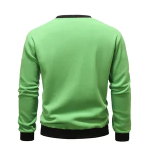 Detailed back view of a men's green fleece sweatshirt with black ribbed cuffs and hem