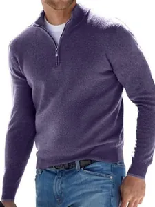 Lila Kaschmir-Herrenpullover mit halbem Reißverschluss und langen Ärmeln für Herbst
