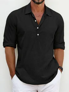 Classic black linen blend casual shirt for men featuring breathable half-button placket design