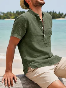 Men's vintage green linen beach shirt with a stand collar and comfortable short sleeves