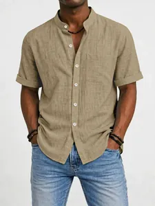 Men's stylish khaki short sleeve linen shirt, casual button-up summer top for men