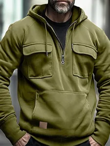 Herren Kapuzenpullover in Olivgrün mit mehreren Taschen und halbem Reißverschluss