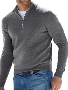 Grauer Herren-Kaschmirpullover mit Viertelreißverschluss für Herbst und Winter Freizeit