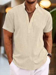 Chemise décontractée en lin pour hommes avec col montant et manches courtes beige