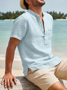 Casual light blue short sleeve linen-textured beach shirt for men with chest pocket