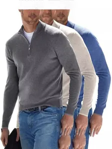 Heren-Kaschmirpullover mit Viertelreißverschluss in Grau Beige und Blau für Herbst und Winter
