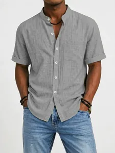 Men's casual grey linen short sleeve shirt with stand collar and front pocket detail