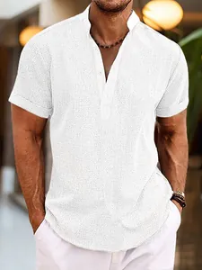 Men's white linen short sleeve henley shirt with stand collar and textured fabric