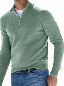 Eleganter grüner Kaschmirpullover mit Reißverschluss für Herren, bequemes Winteroberteil.