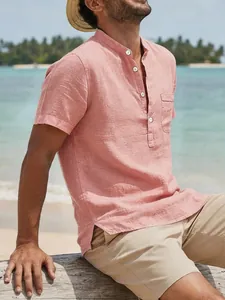 Men's casual linen short-sleeve shirt with mandarin collar in coral pink