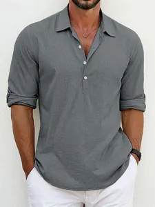 Men's casual grey linen shirt with semi-open button design and rolled sleeves