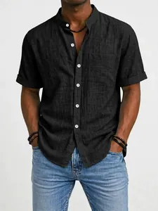 Premium men's black short-sleeved linen shirt with band collar and chest pocket