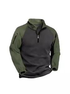 Men's Tactical Polar Fleece Pullover Hoodie Colorblock Warm Long Sleeve Top With Zipper Stand Collar Outdoor Casual Sweatshirt Jacket