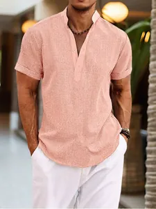 Men's casual salmon pink cotton linen short sleeve henley shirt with mandarin collar