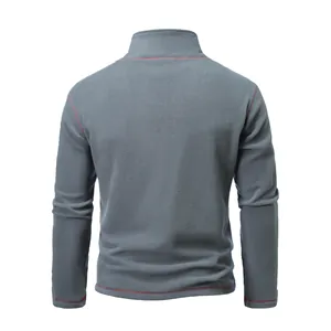 Detailed back view of a grey men's tactical fleece pullover featuring a stand collar