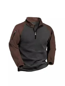 Outdoor men's tactical fleece pullover with color block design and sleeve zipper pocket