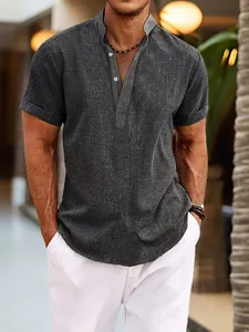 Men's casual solid color cotton linen short sleeve shirt with stand collar in grey