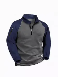 Men's tactical polar fleece pullover with navy color-block sleeves and a half-zip collar