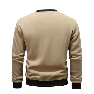 Back view of men's khaki fleece sweatshirt featuring black ribbed collar and cuffs