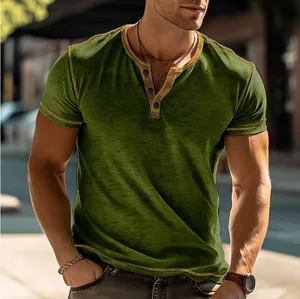 Detail view of heathered green men's Henley t-shirt with button collar and contrast stitching