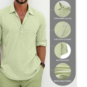 Detail view of men's light green linen shirt showing collar, buttons and breathable fabric texture.