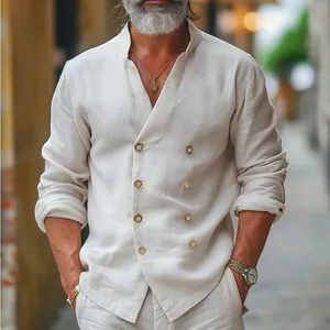 Close-up detail showing the double-breasted button arrangement on a beige linen shirt.