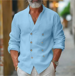 Detail view of men's light blue double-breasted linen shirt with stand collar