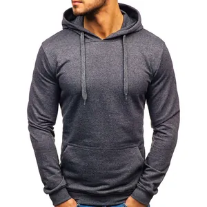Close-up detail of a charcoal grey pullover hoodie for men featuring a kangaroo pocket