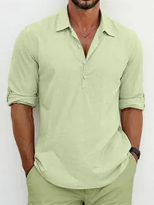 Men Casual Cotton Blend Linen Look Henley Shirt Long Sleeve Turn Down Collar Solid Color Summer Breathable Lightweight Top